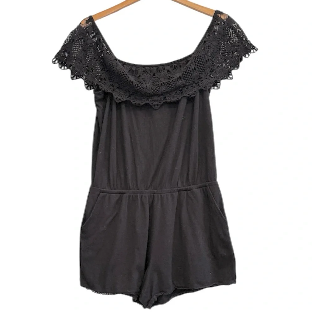 ๐ 6/$60 Jessica Simpson Onesie Pockets Off Shoulder Black Lace Trim Size XL - Picture 1 of 8
